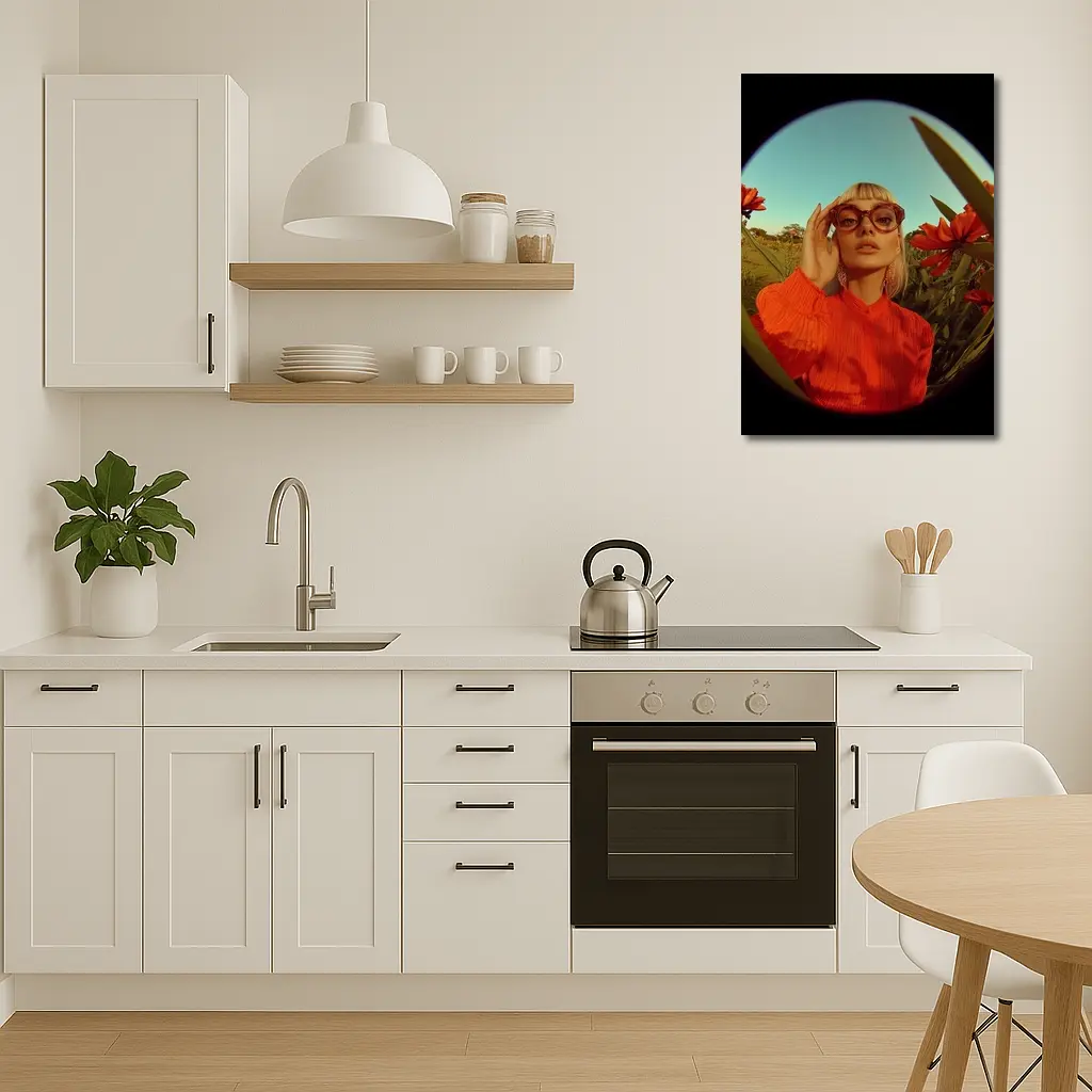 Blonde Woman Red Flowers Fisheye Retro – Wall Art