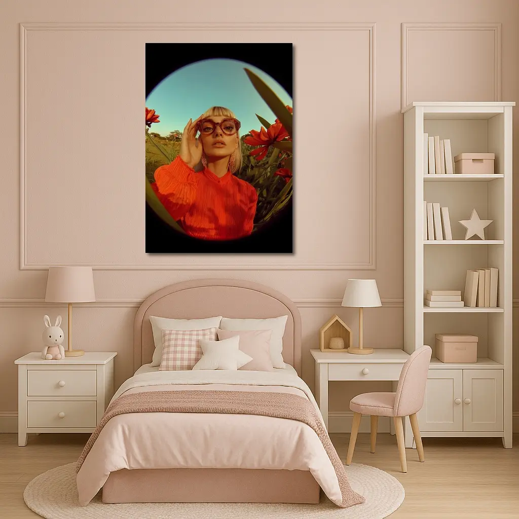 Blonde Woman Red Flowers Fisheye Retro – Wall Art