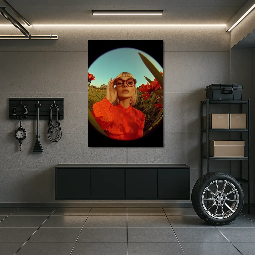 Blonde Woman Red Flowers Fisheye Retro – Wall Art