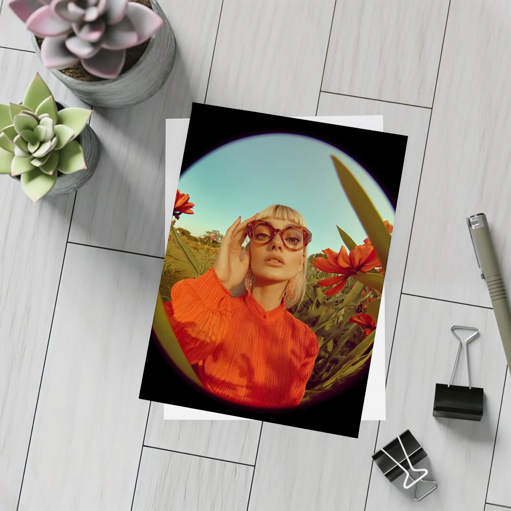 Blonde Woman Red Flowers Fisheye Retro – Postcards