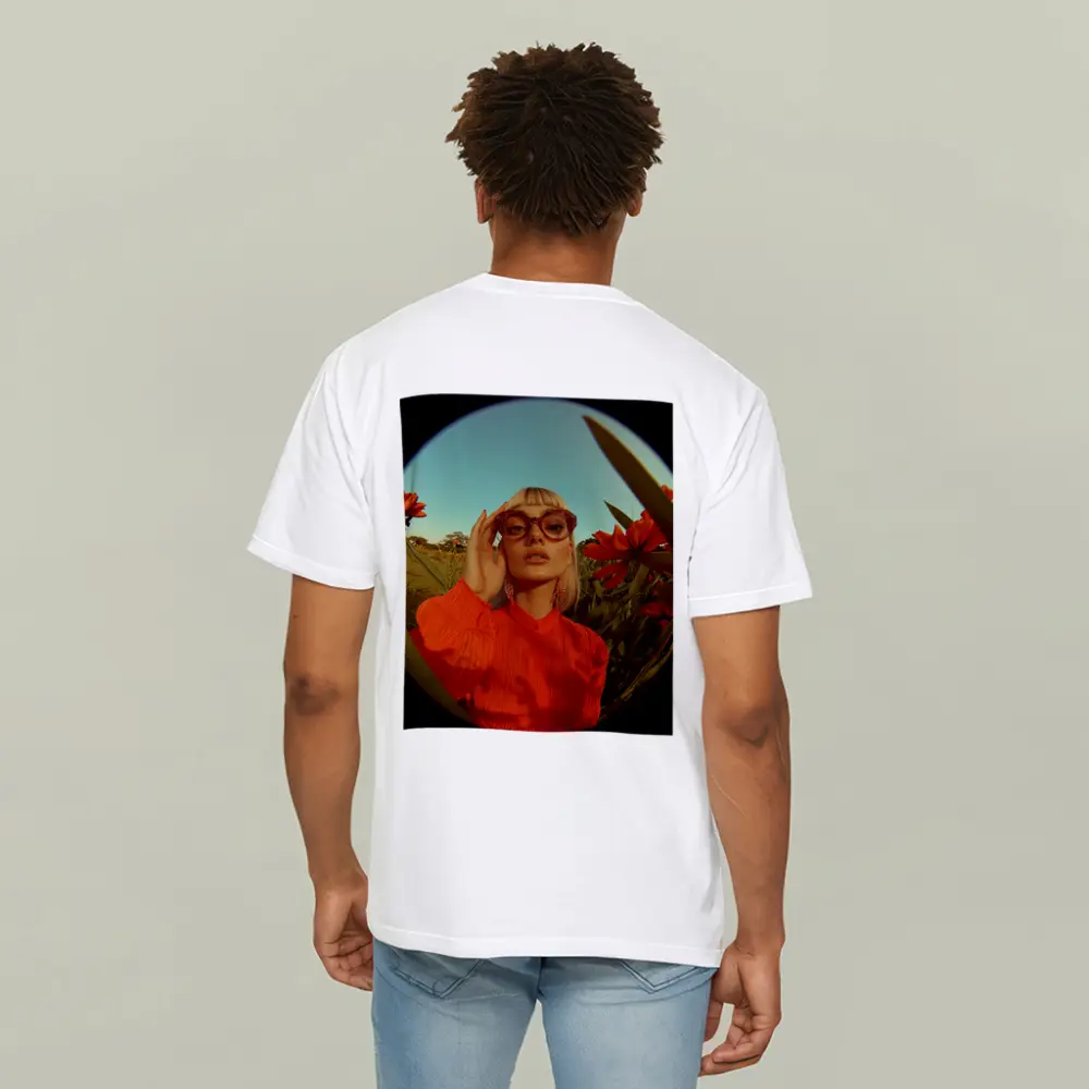 Blonde Woman Red Flowers Fisheye Retro – T-Shirts