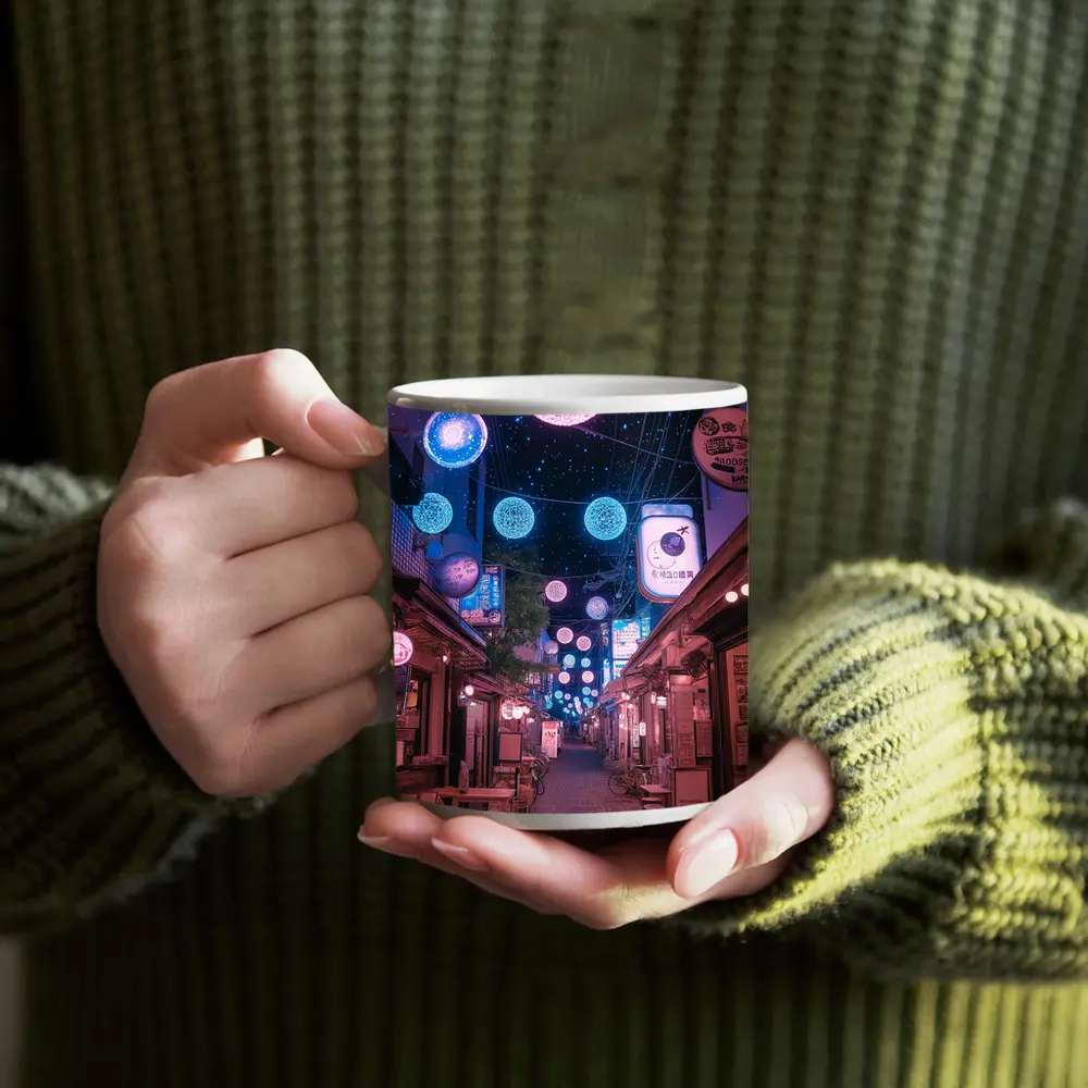 Tokyo Japan Alley Neon Glowing Spheres Night – Mugs