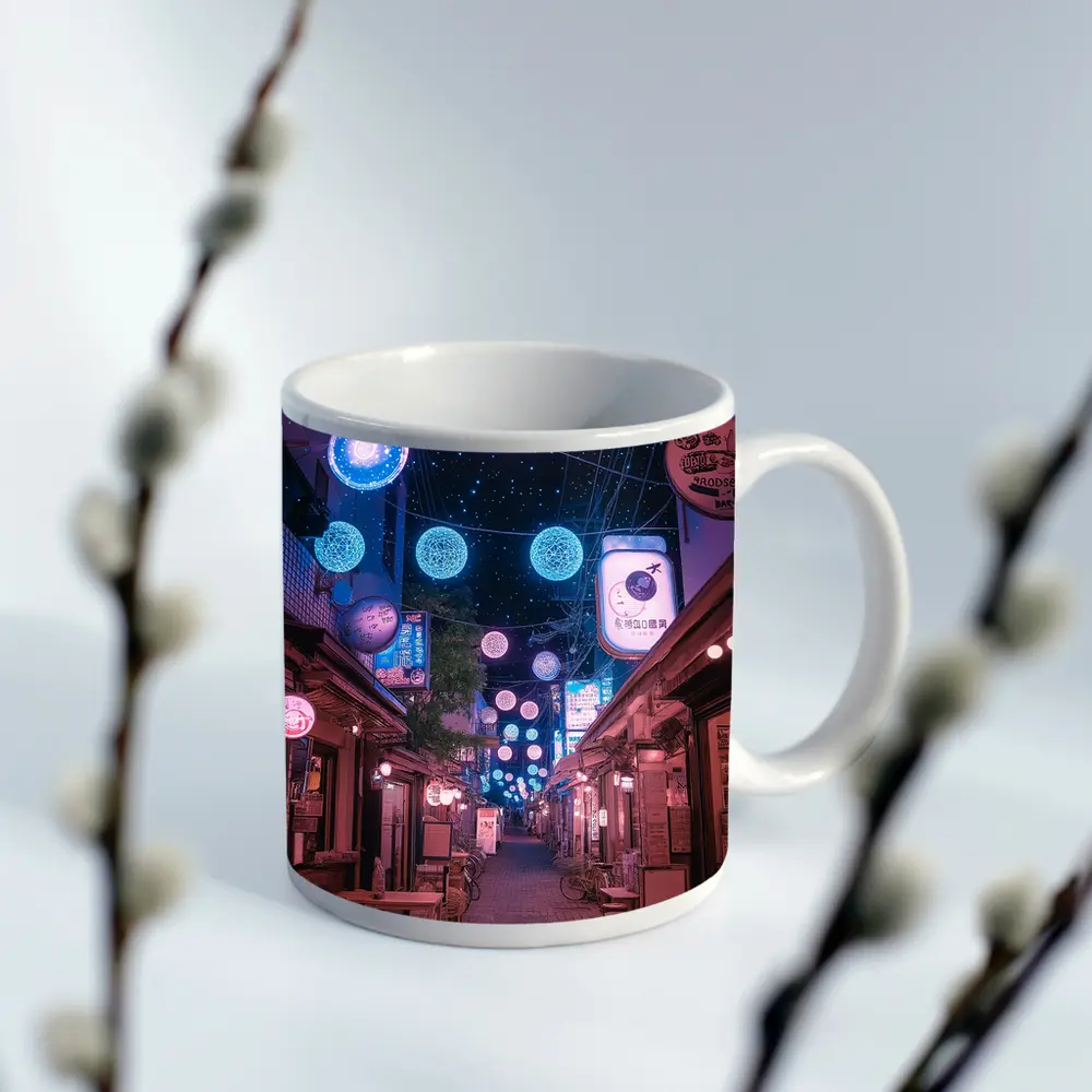Tokyo Japan Alley Neon Glowing Spheres Night – Mugs
