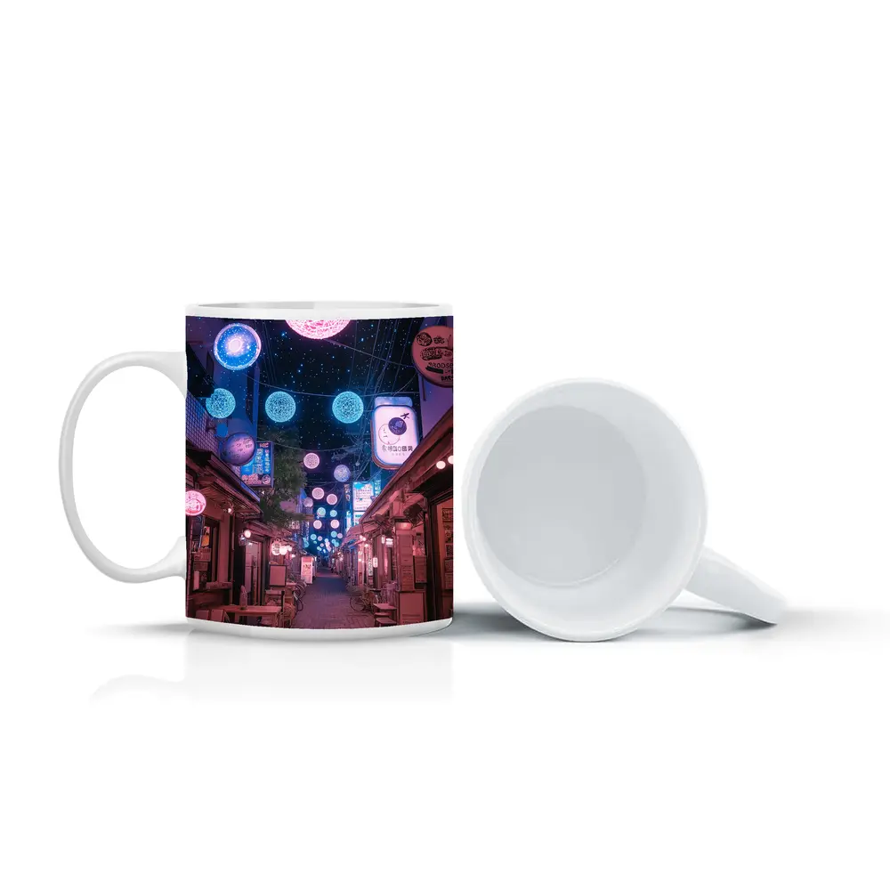Tokyo Japan Alley Neon Glowing Spheres Night – Mugs