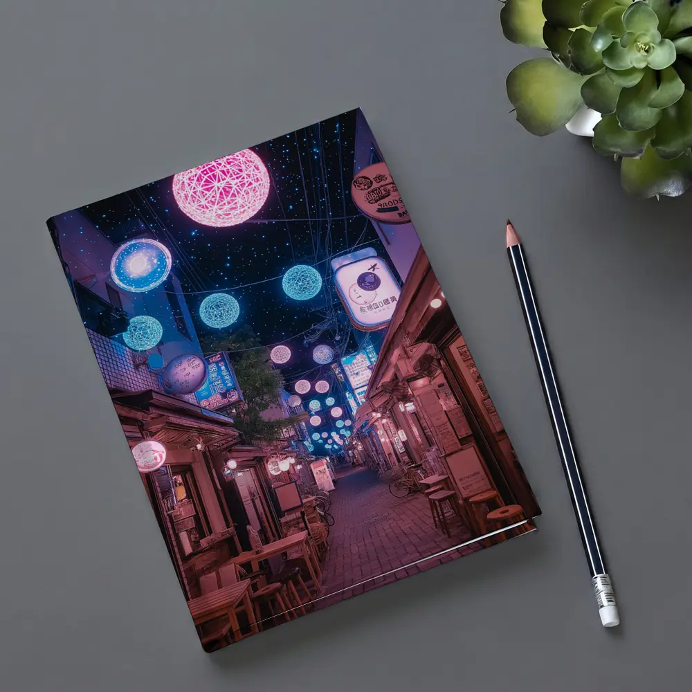 Tokyo Japan Alley Neon Glowing Spheres Night – Notebooks