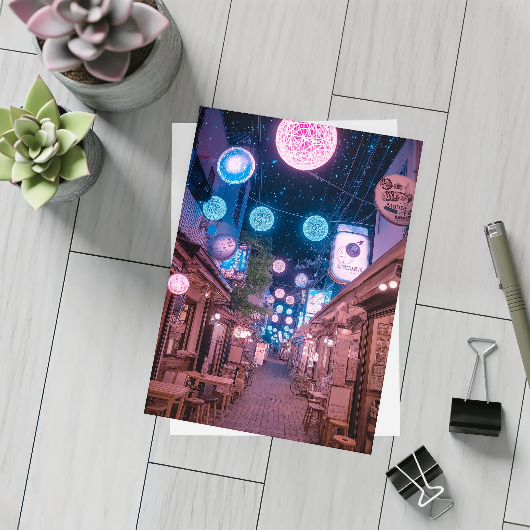 Tokyo Japan Alley Neon Glowing Spheres Night – Postcards