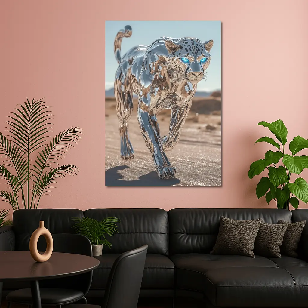 Chrome Leopard Blue Eyes Desert Scene – Wall Art