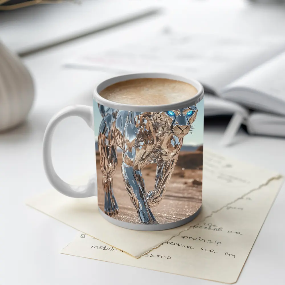 Chrome Leopard Blue Eyes Desert Scene – Mugs