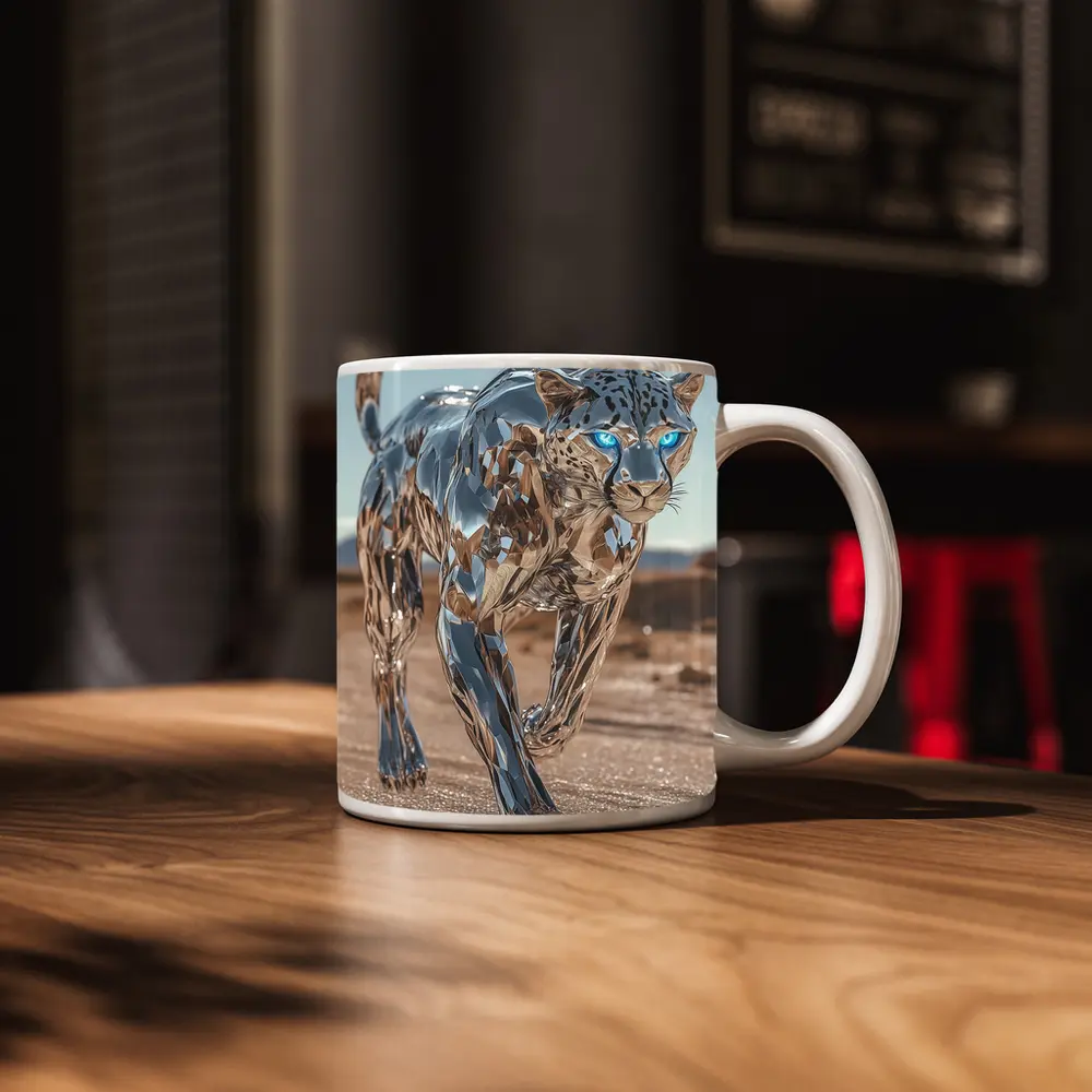 Chrome Leopard Blue Eyes Desert Scene – Mugs