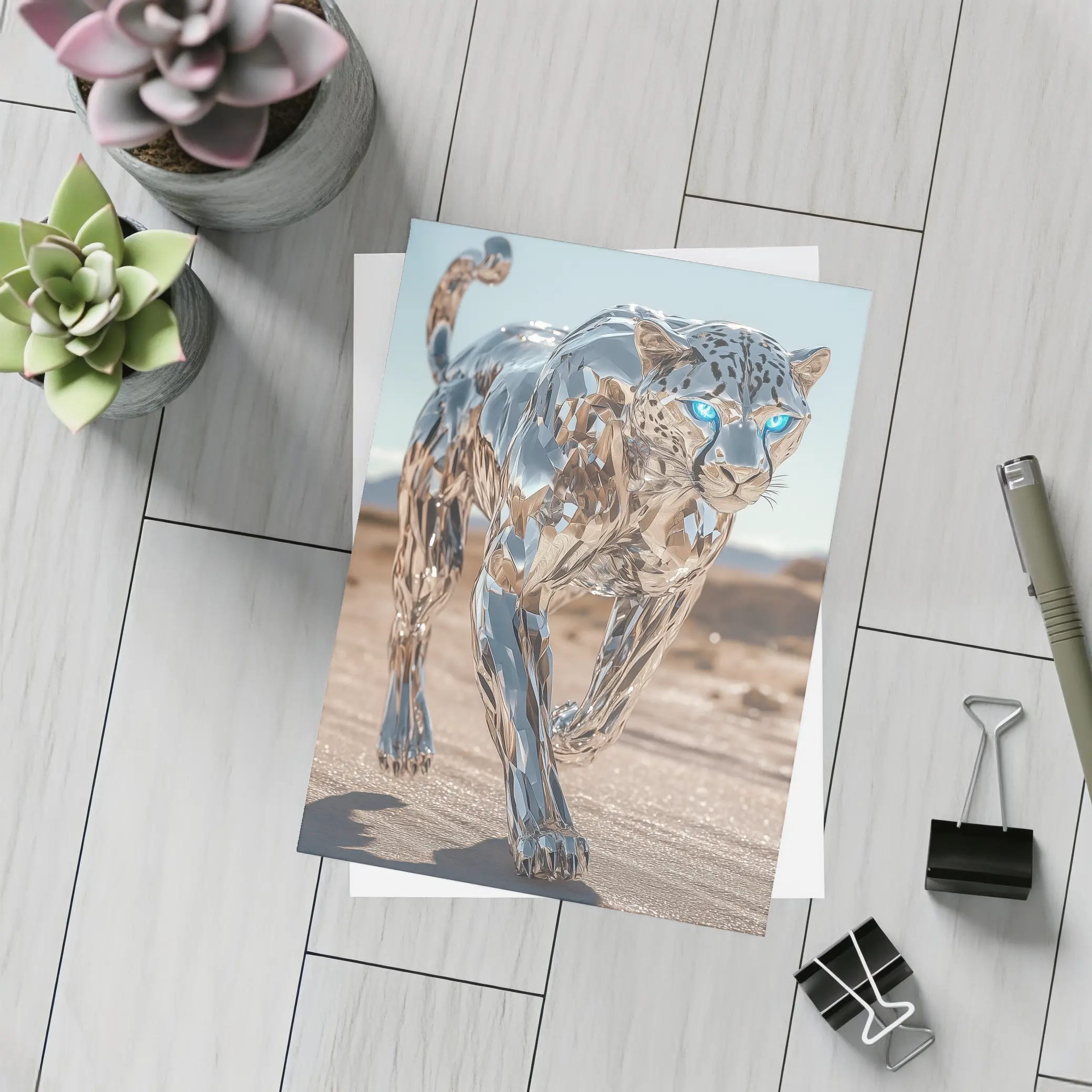 Chrome Leopard Blue Eyes Desert Scene – Postcards