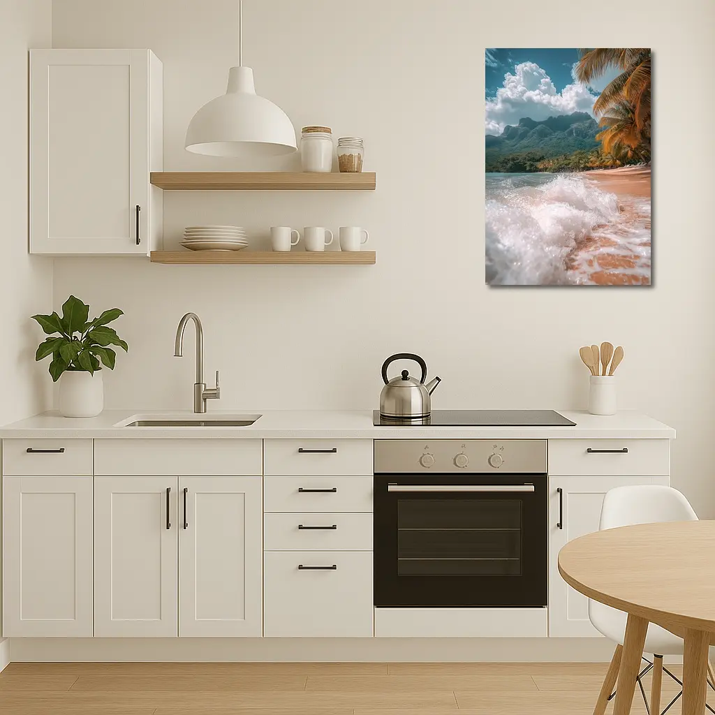 Tropical Beach Shore Waves Palm Trees Mountains – Wall Art