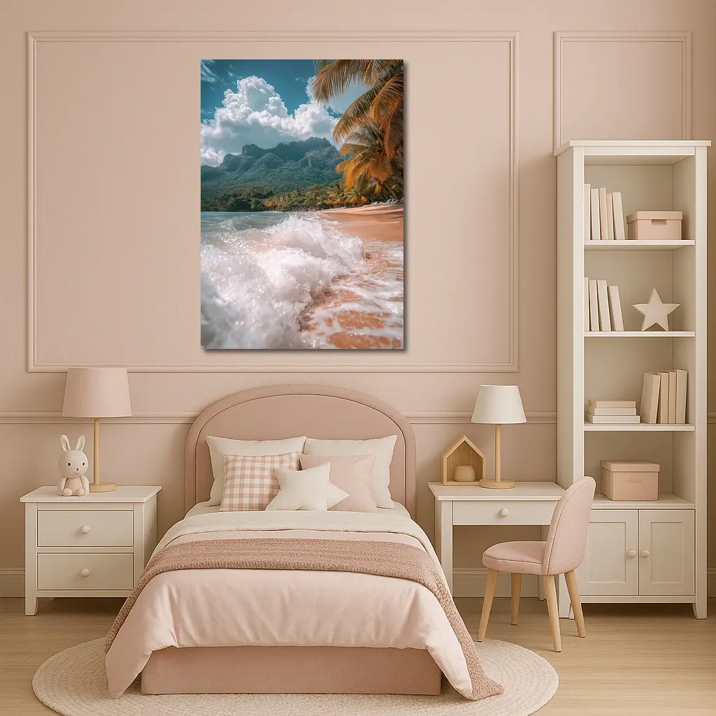 Tropical Beach Shore Waves Palm Trees Mountains – Wall Art