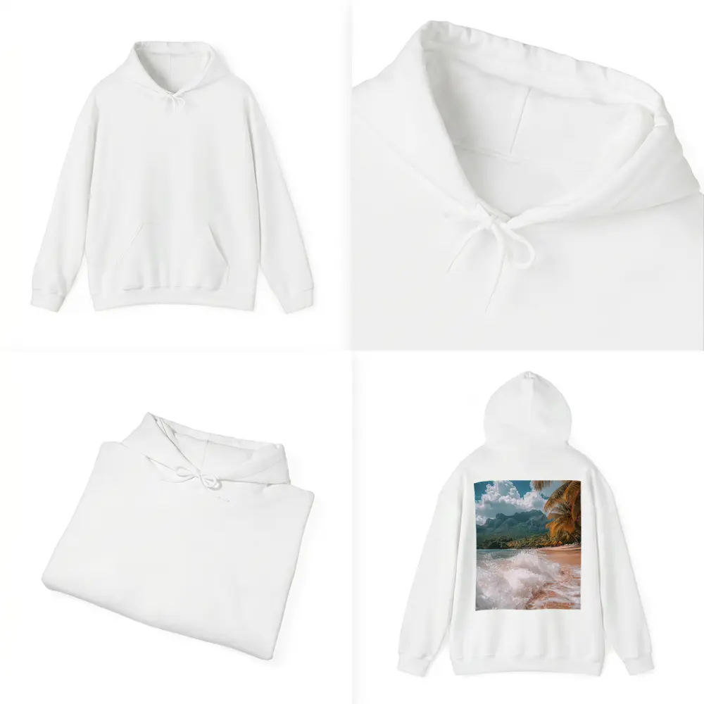 Tropical Beach Shore Waves Palm Trees Mountains – Hoodies