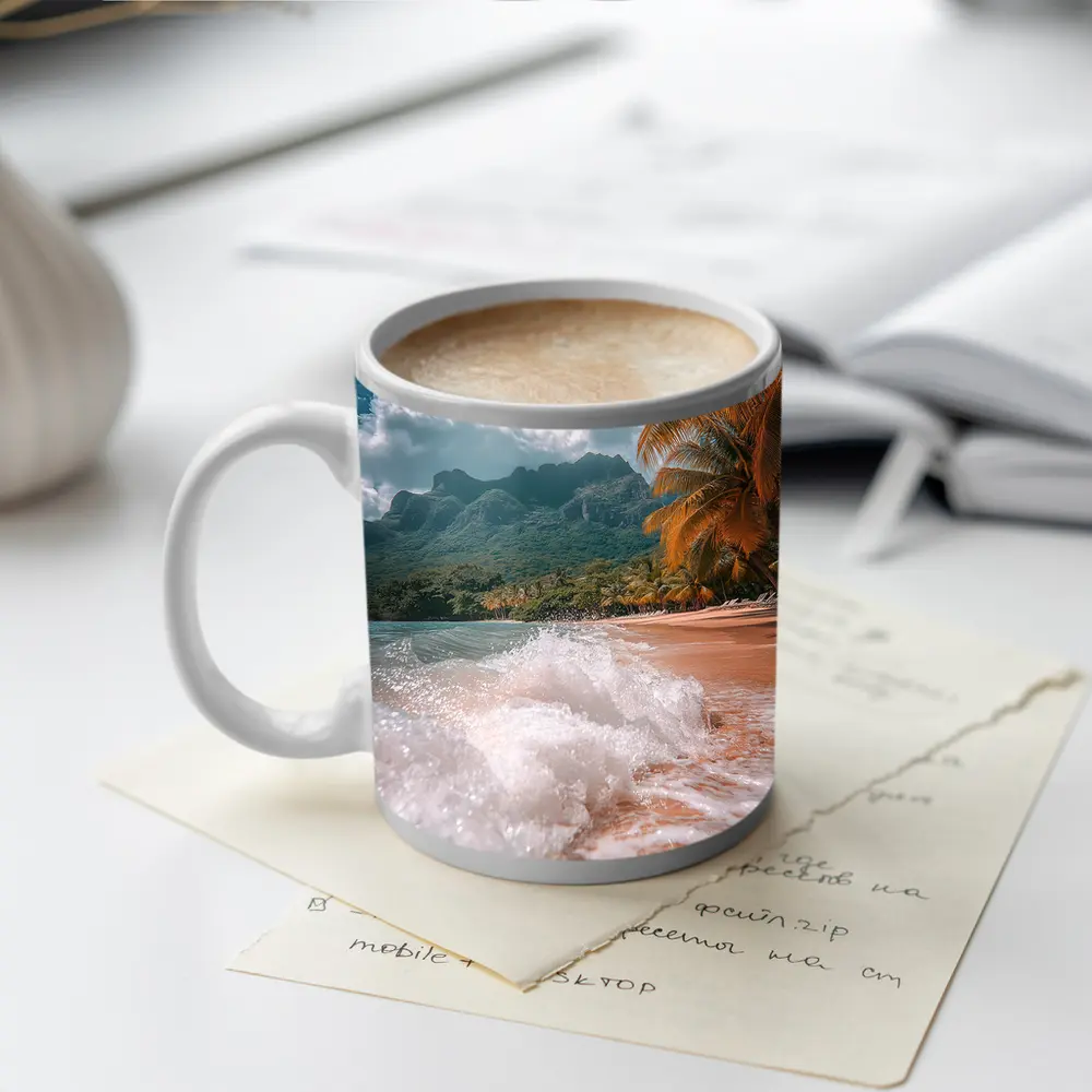 Tropical Beach Shore Waves Palm Trees Mountains – Mugs