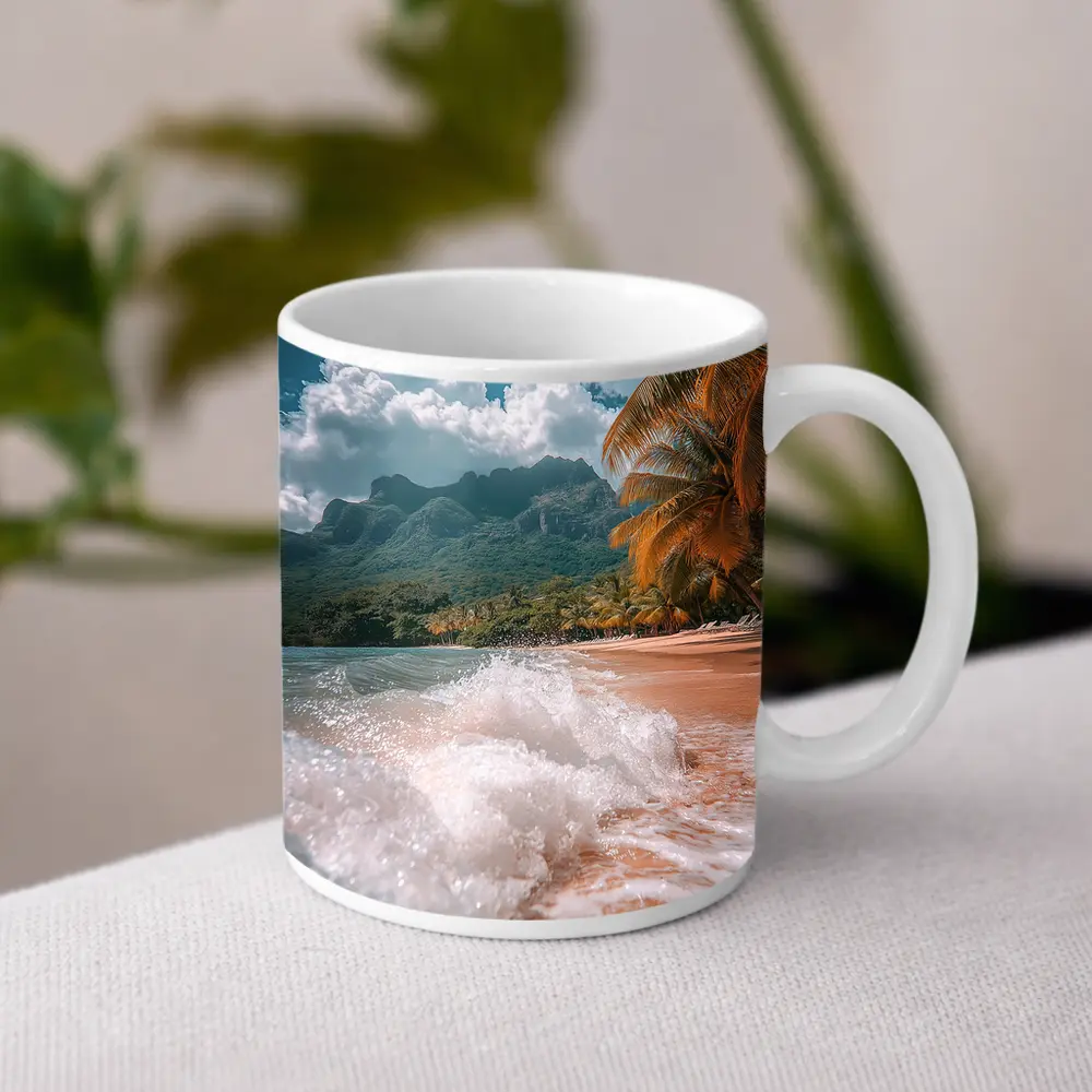 Tropical Beach Shore Waves Palm Trees Mountains – Mugs