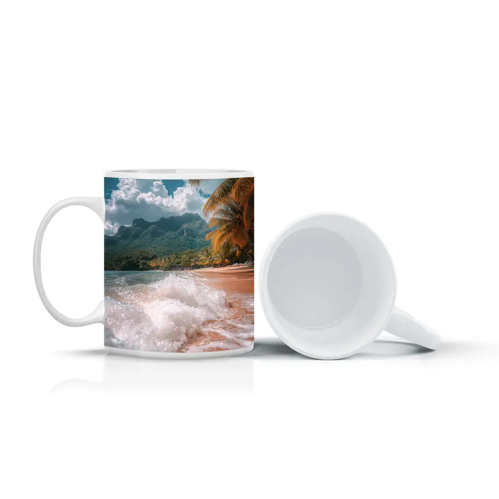 Tropical Beach Shore Waves Palm Trees Mountains – Mugs
