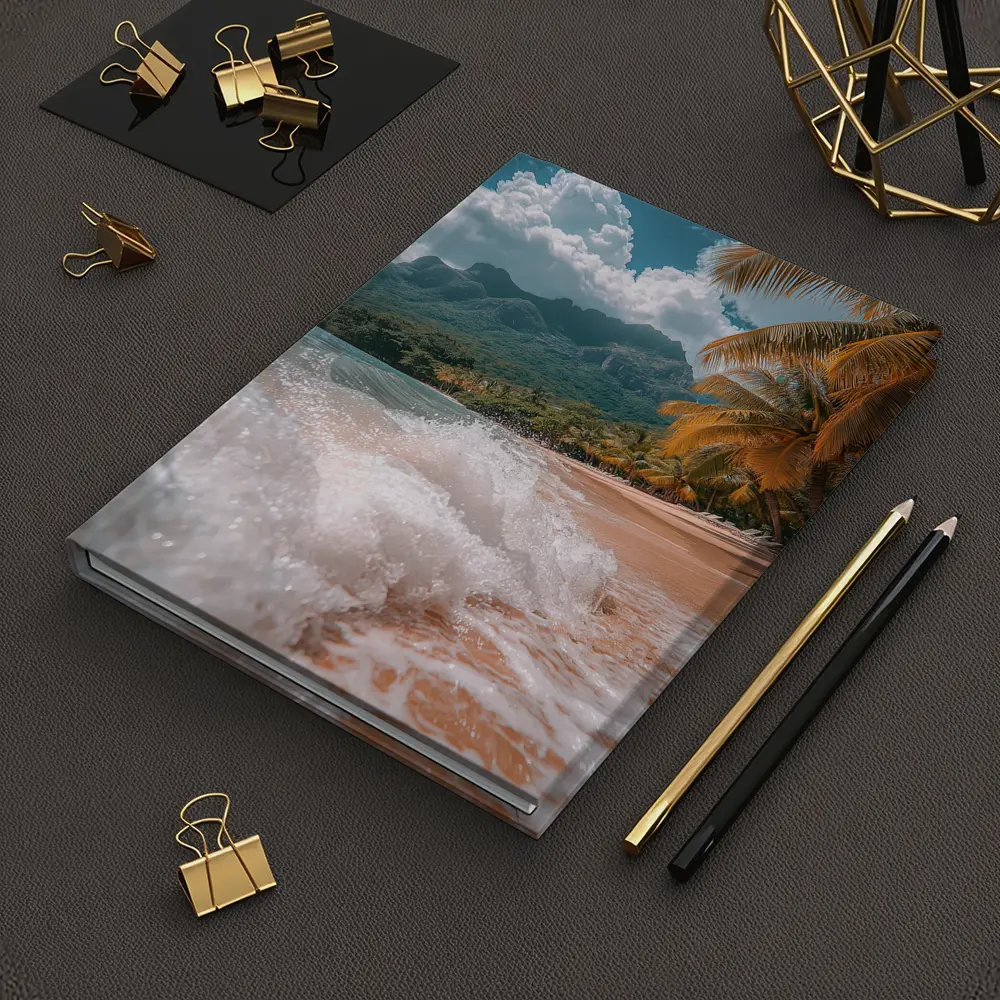 Tropical Beach Shore Waves Palm Trees Mountains – Notebooks
