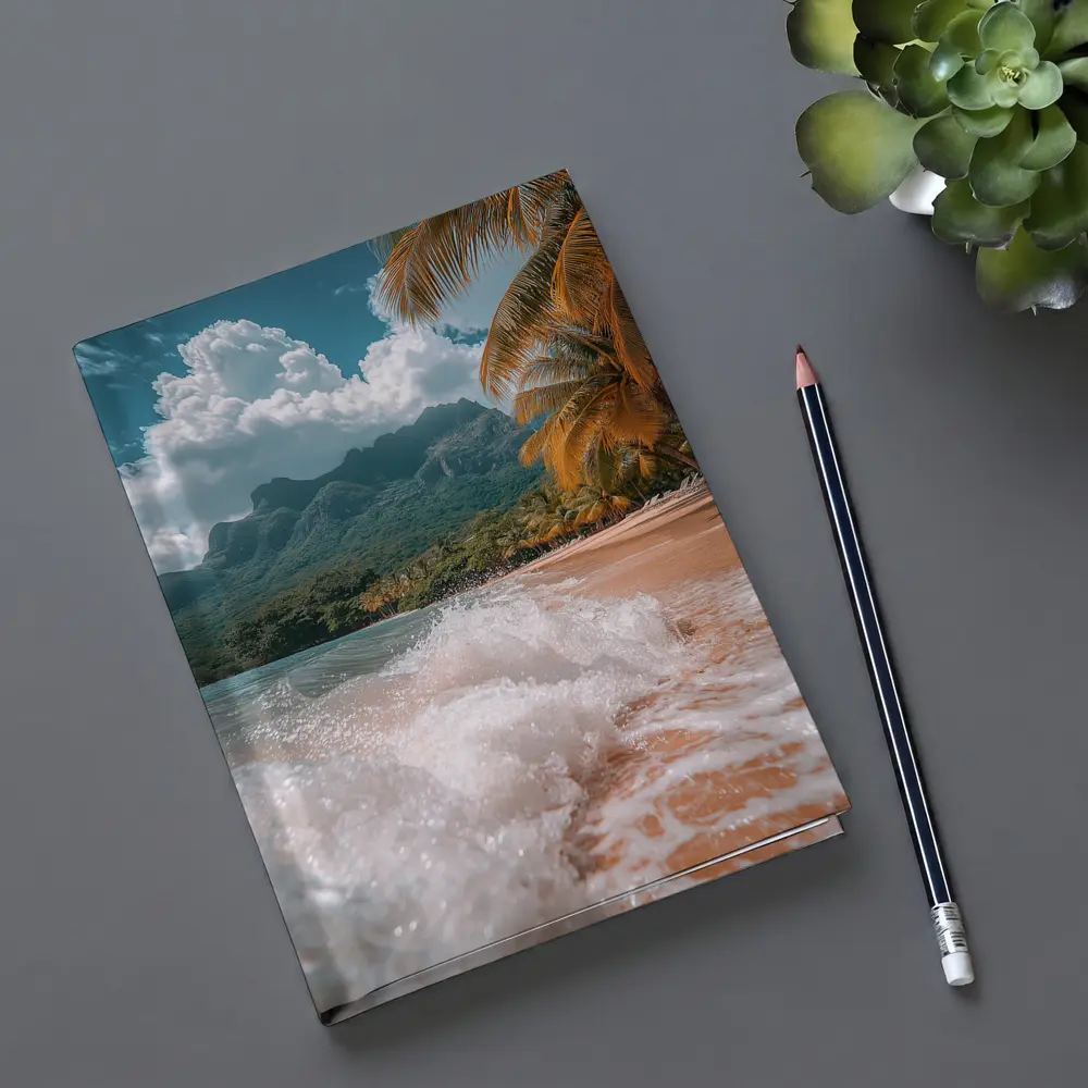 Tropical Beach Shore Waves Palm Trees Mountains – Notebooks