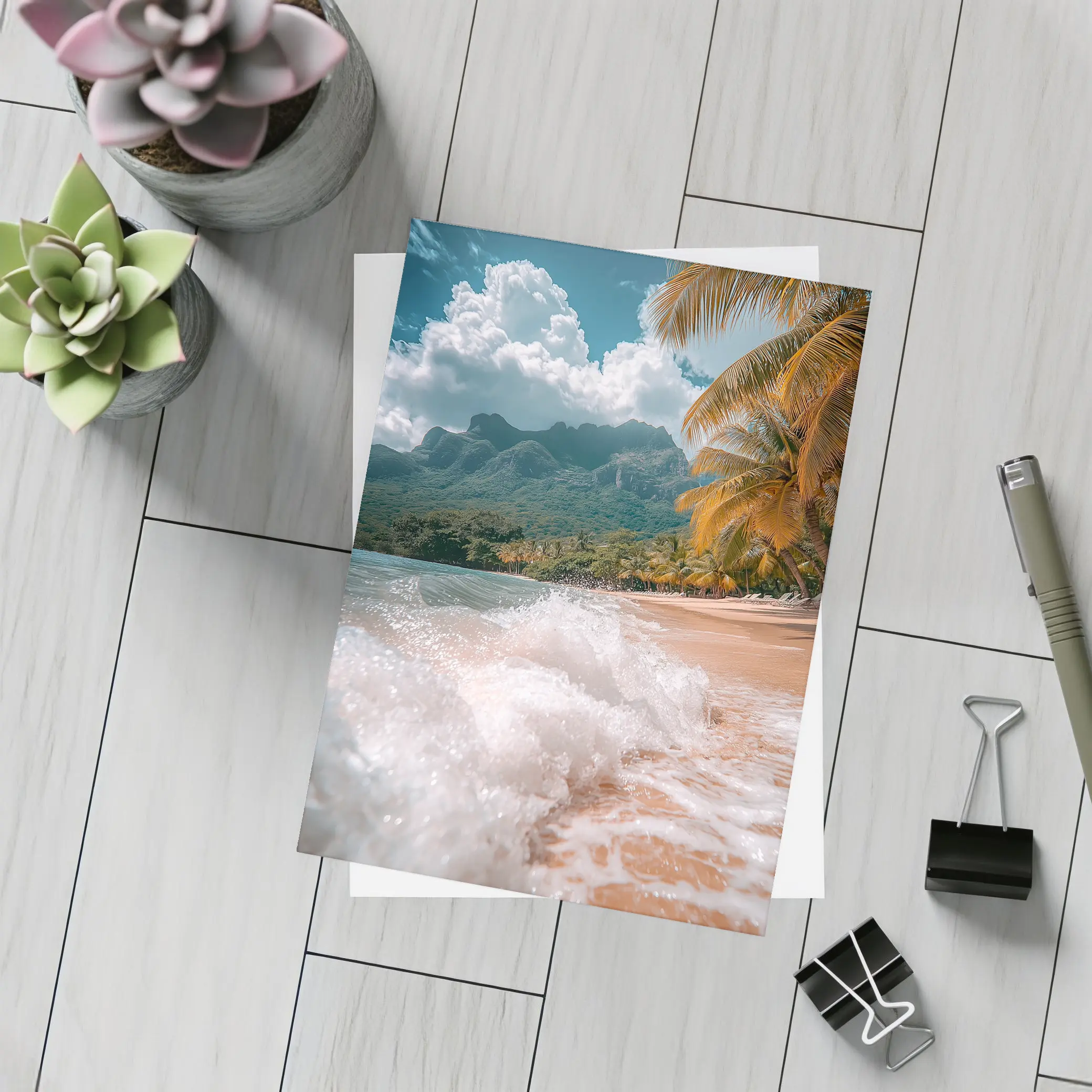 Tropical Beach Shore Waves Palm Trees Mountains – Postcards