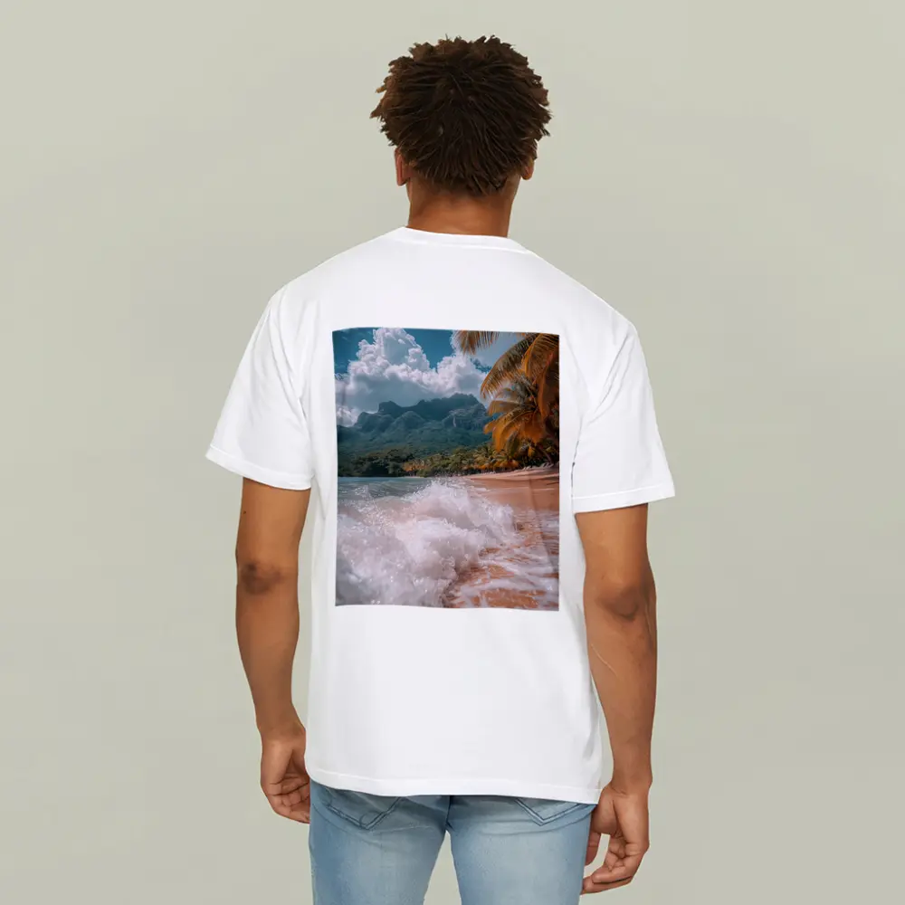 Tropical Beach Shore Waves Palm Trees Mountains – T-Shirts