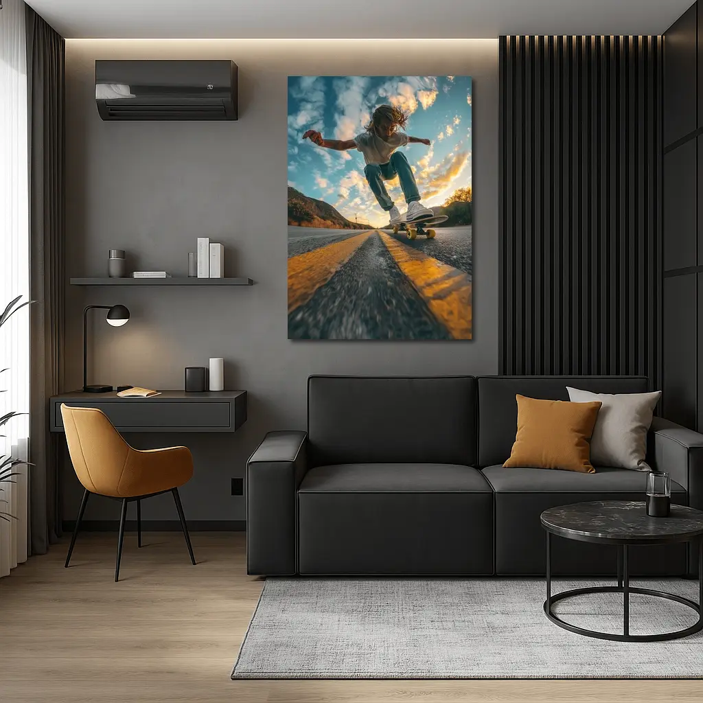 Skateboarder Trick On Open Road Sunset – Wall Art