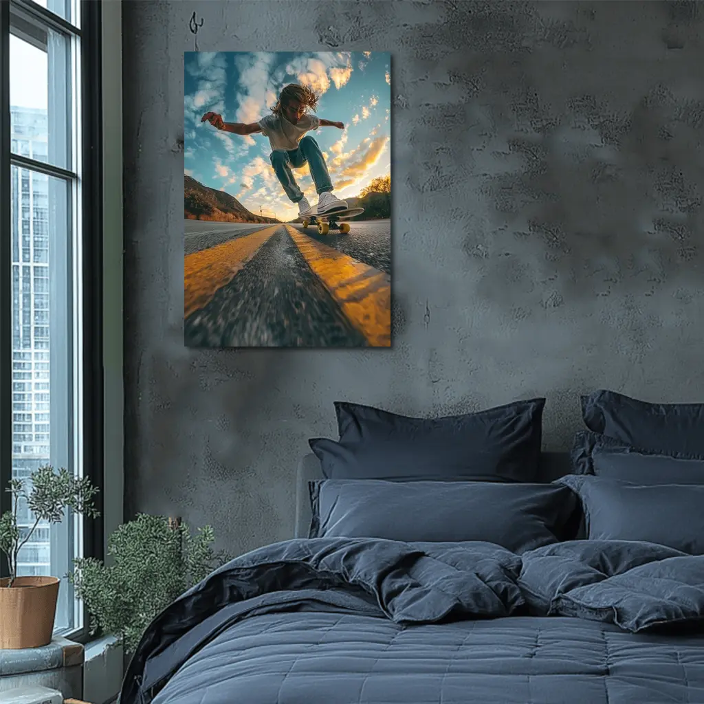 Skateboarder Trick On Open Road Sunset – Wall Art