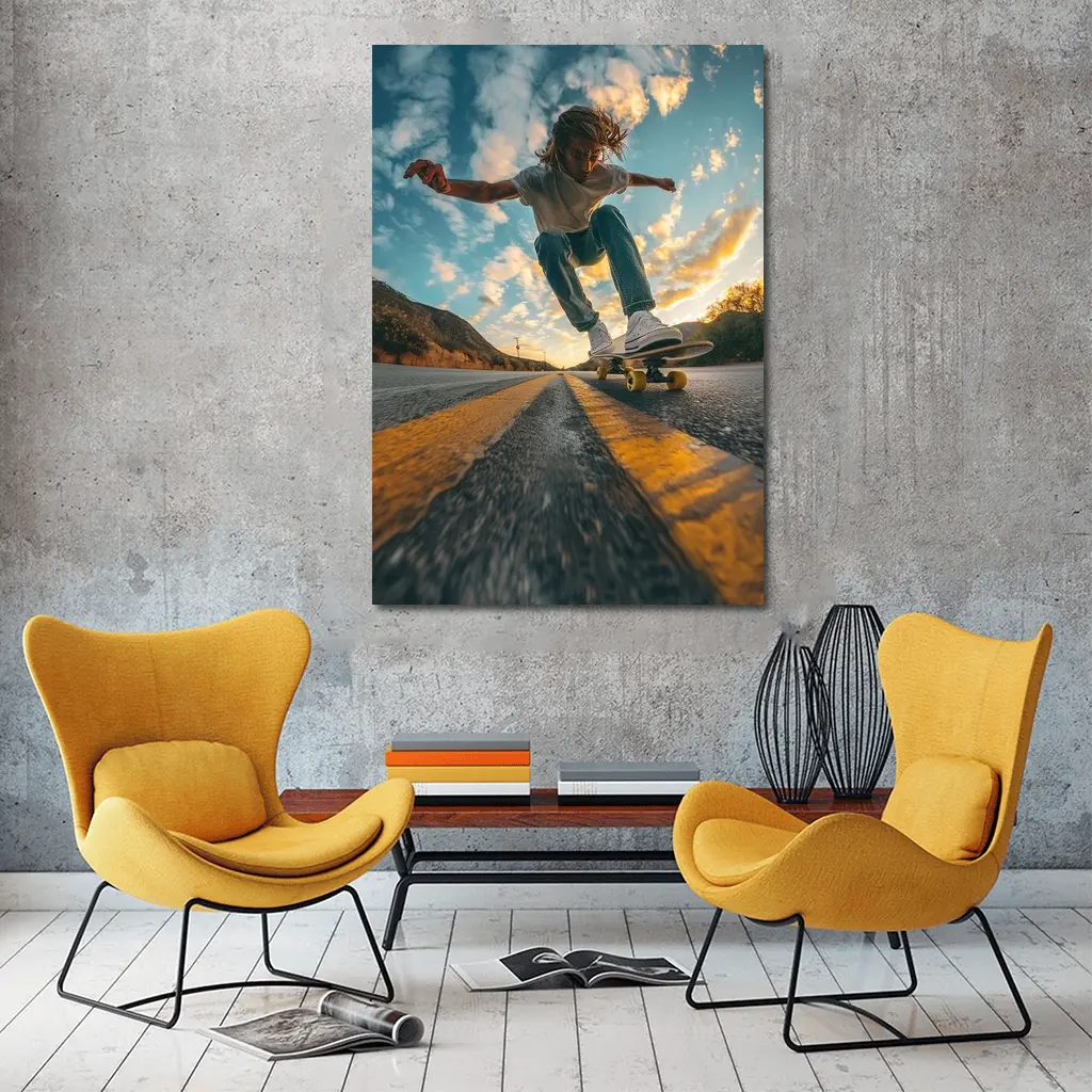 Skateboarder Trick On Open Road Sunset – Wall Art