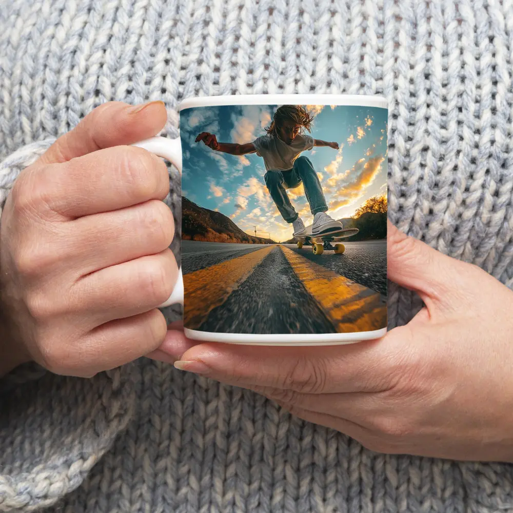 Skateboarder Trick On Open Road Sunset – Mugs