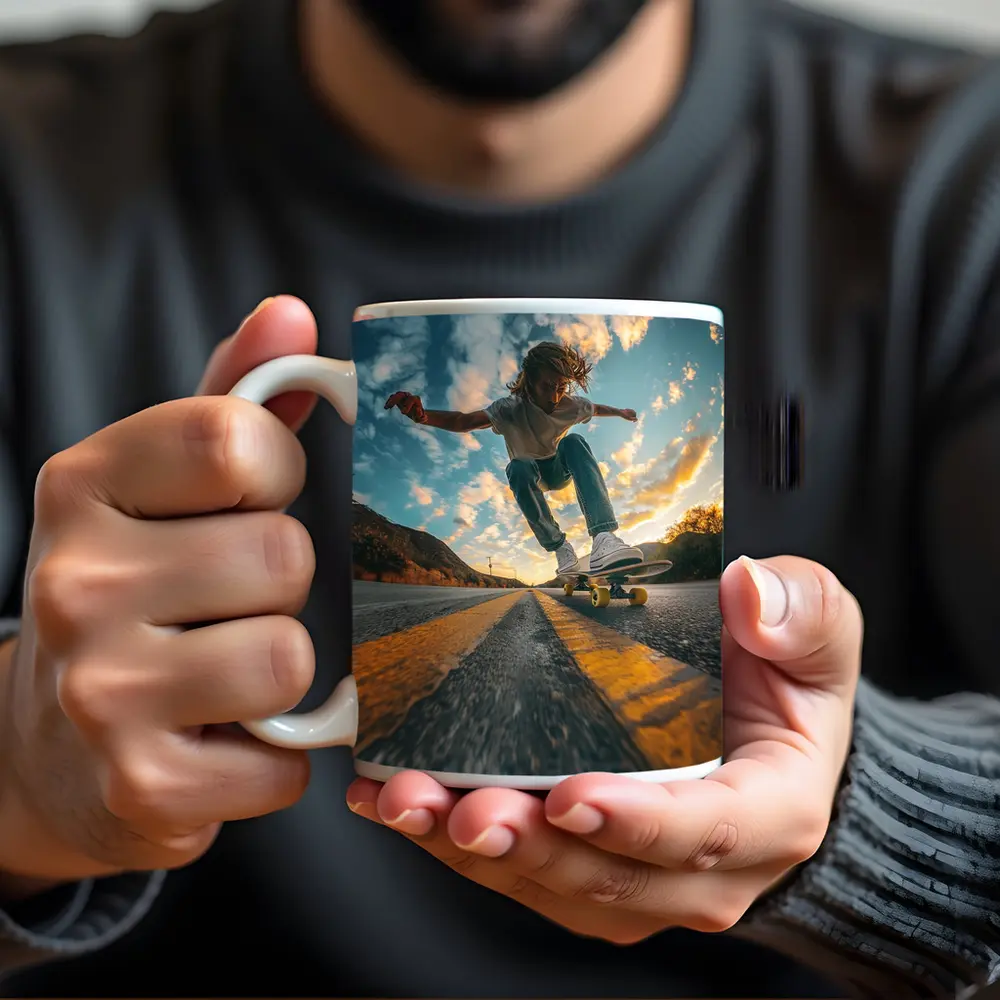 Skateboarder Trick On Open Road Sunset – Mugs