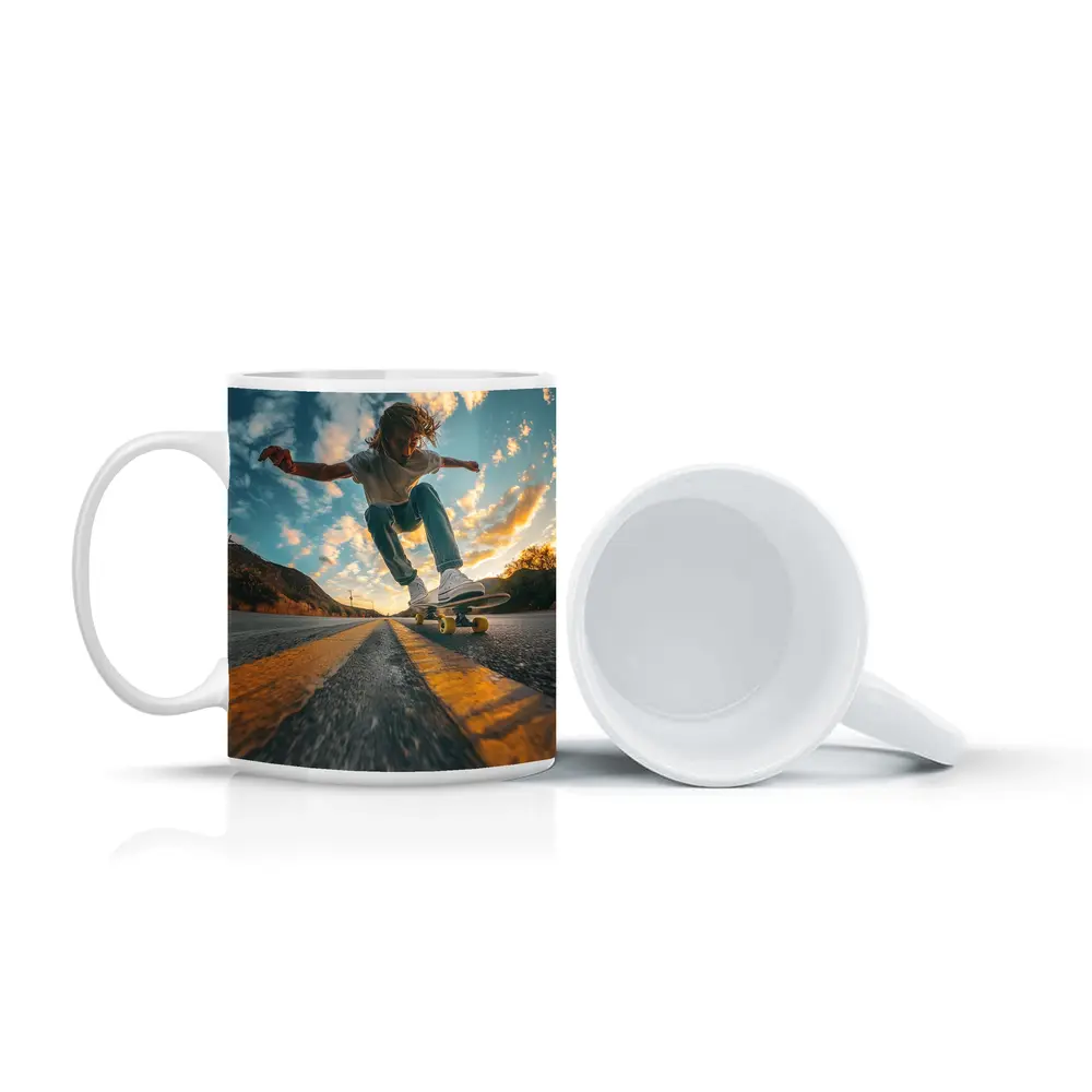 Skateboarder Trick On Open Road Sunset – Mugs