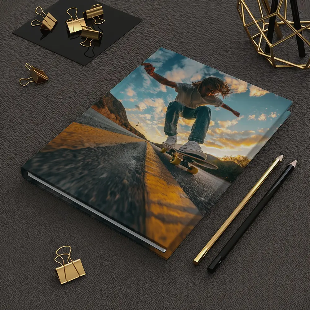 Skateboarder Trick On Open Road Sunset – Notebooks