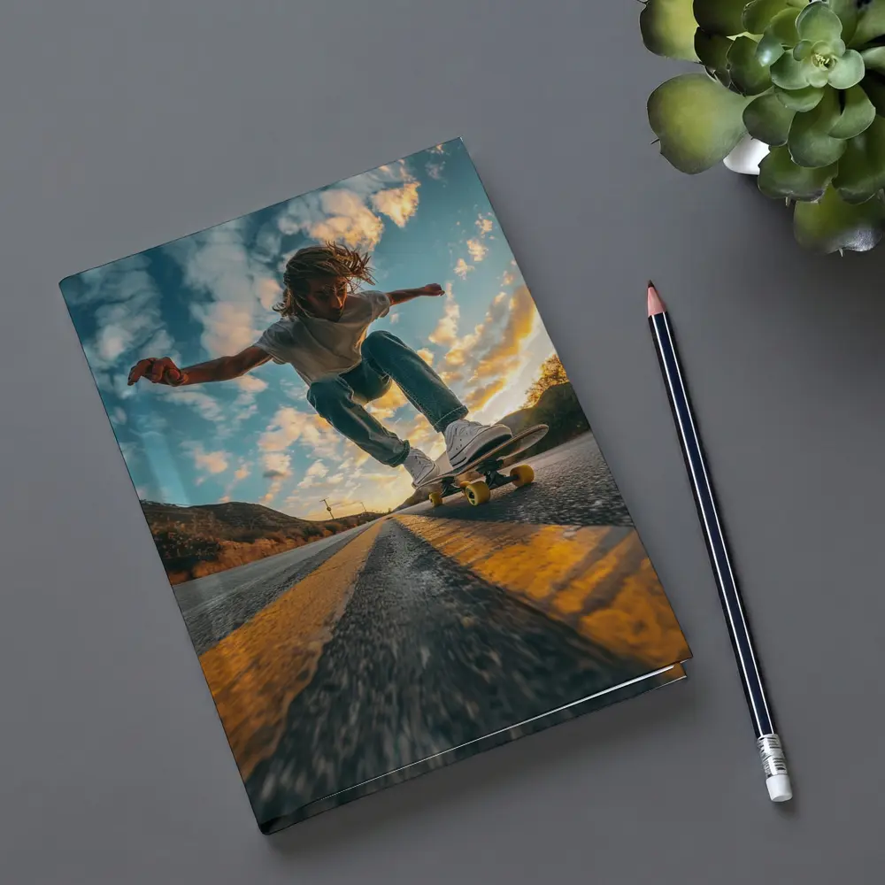 Skateboarder Trick On Open Road Sunset – Notebooks