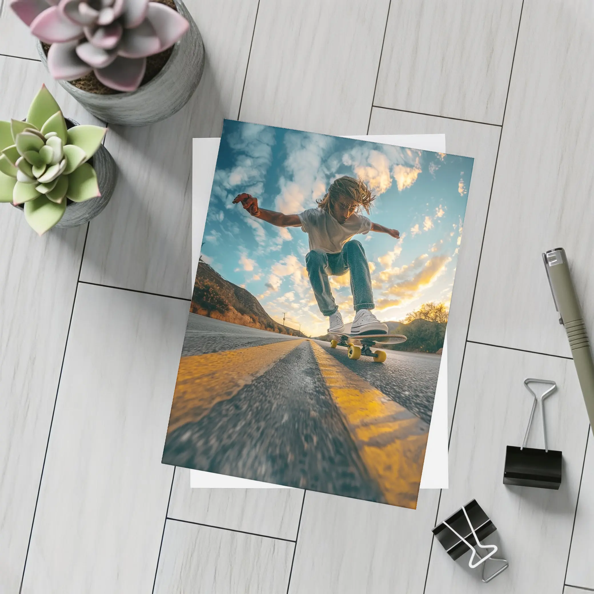 Skateboarder Trick On Open Road Sunset – Postcards