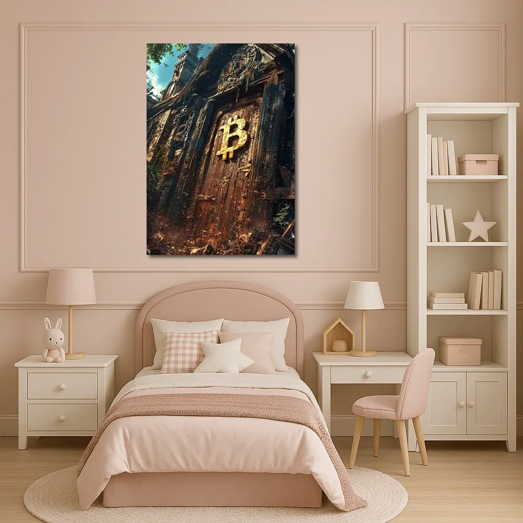Bitcoin Symbol Ancient Ruined Temple Door – Wall Art