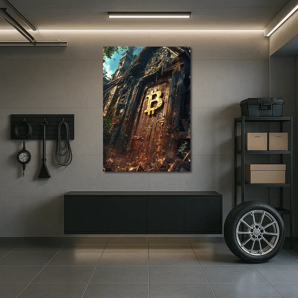 Bitcoin Symbol Ancient Ruined Temple Door – Wall Art