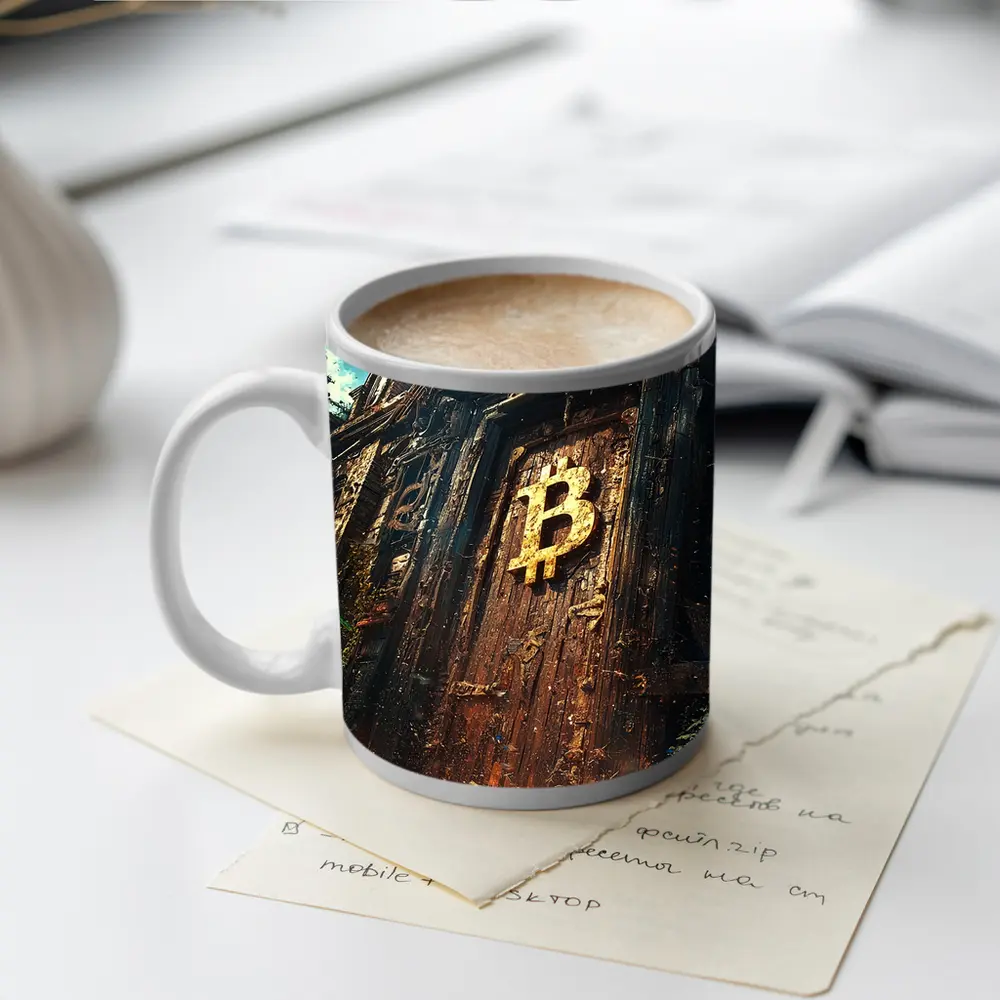 Bitcoin Symbol Ancient Ruined Temple Door – Mugs