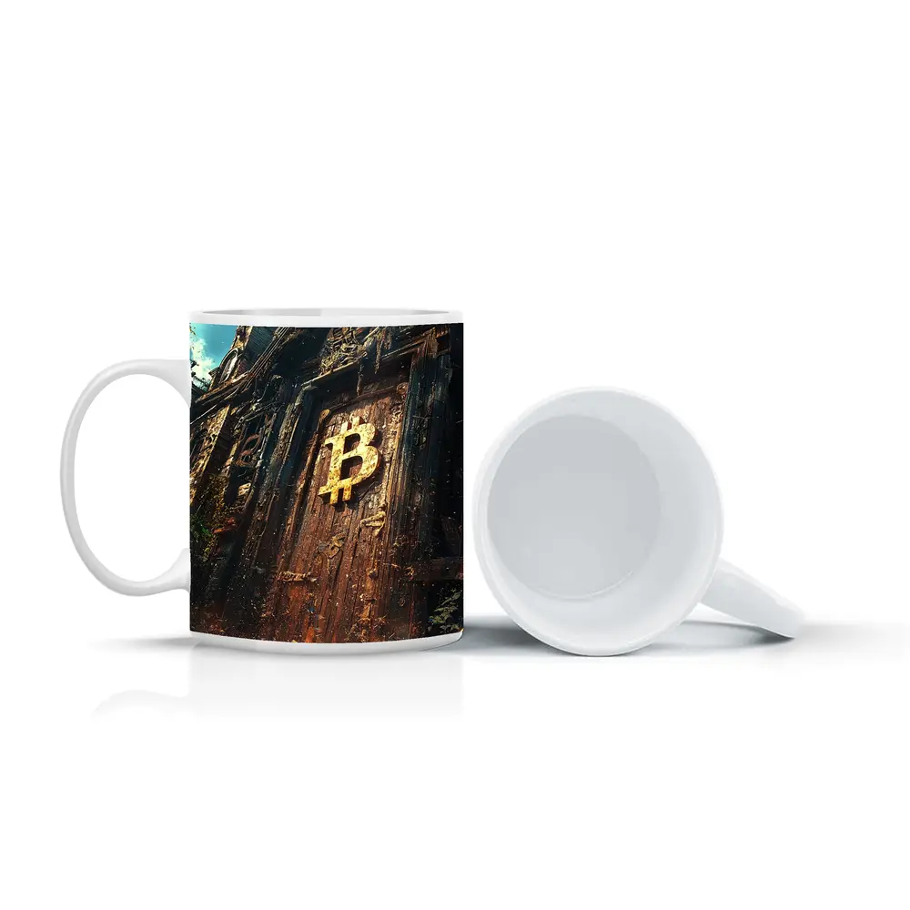 Bitcoin Symbol Ancient Ruined Temple Door – Mugs