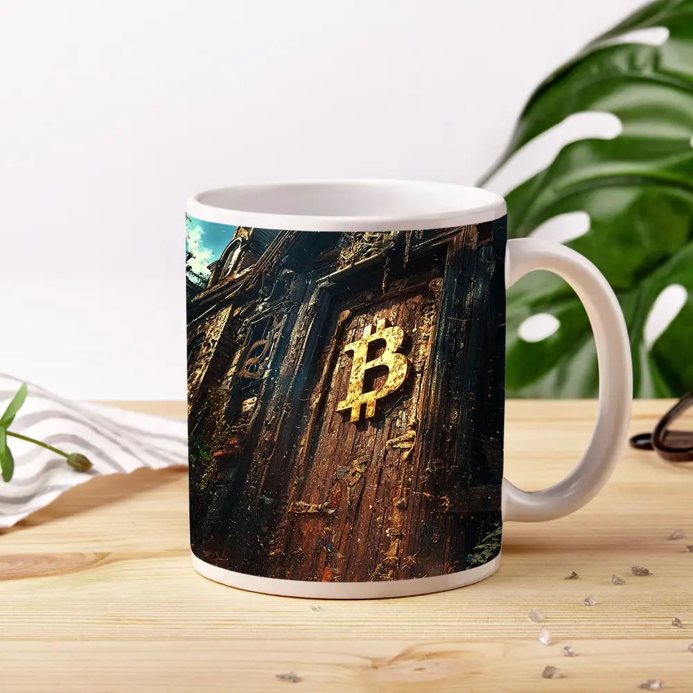 Bitcoin Symbol Ancient Ruined Temple Door – Mugs
