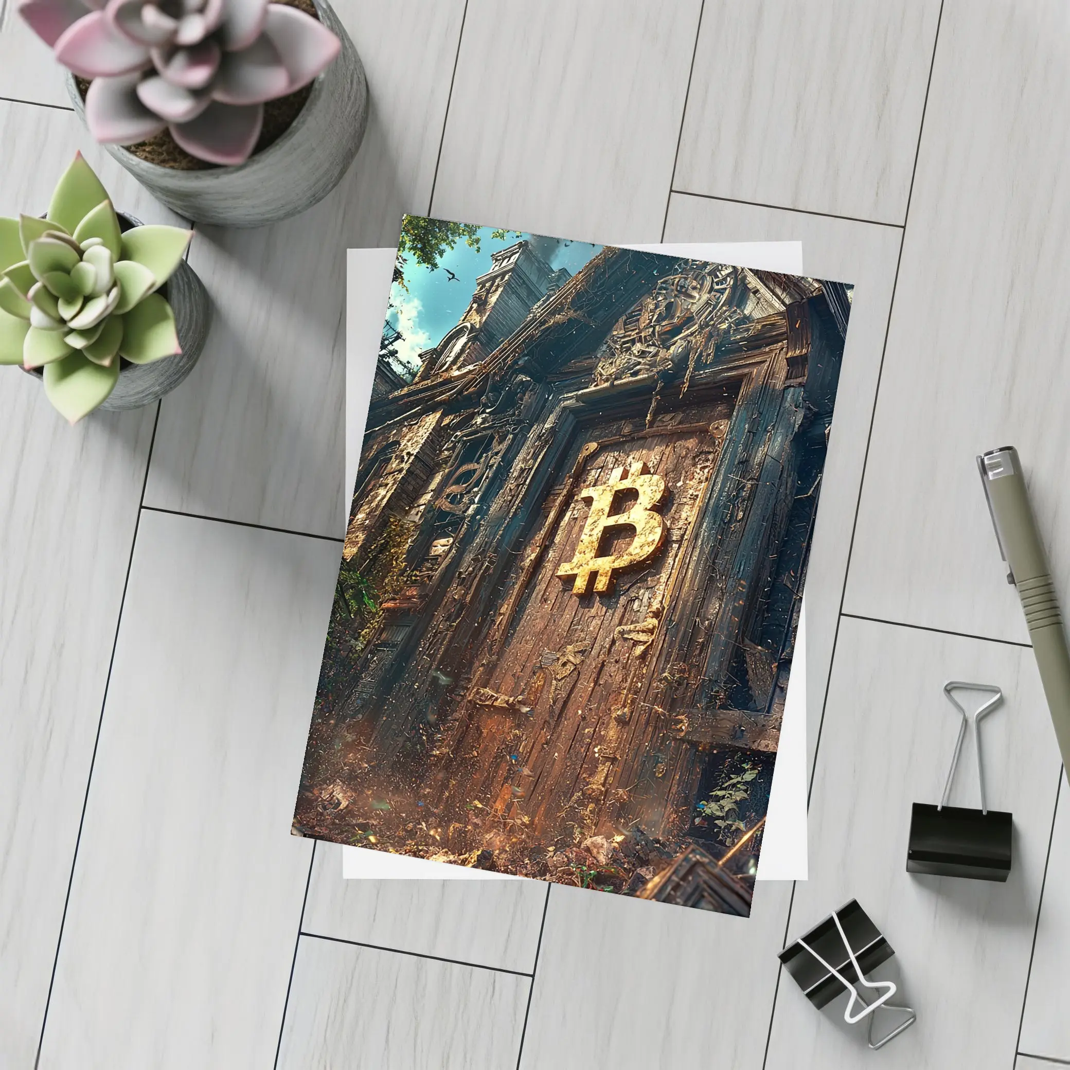 Bitcoin Symbol Ancient Ruined Temple Door – Postcards