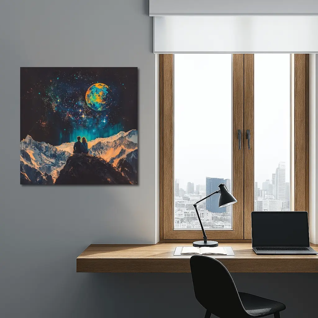 Couple Stargazing Giant Planet Mountain Night – Wall Art