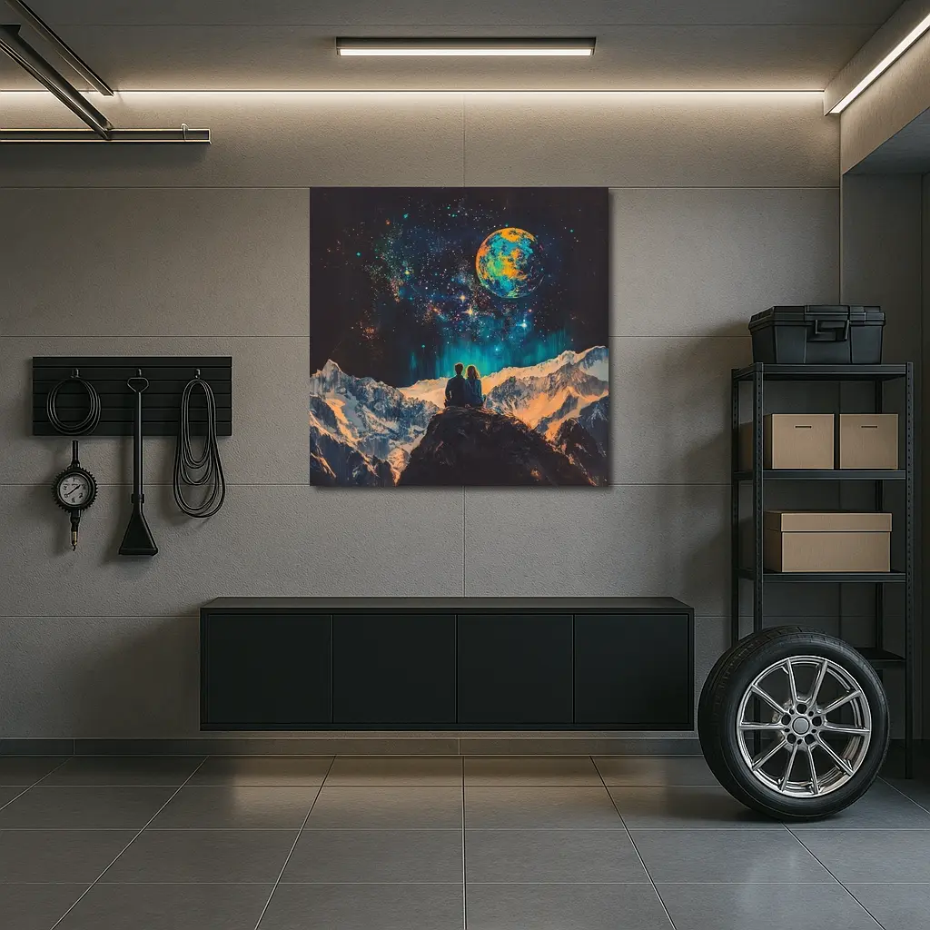 Couple Stargazing Giant Planet Mountain Night – Wall Art