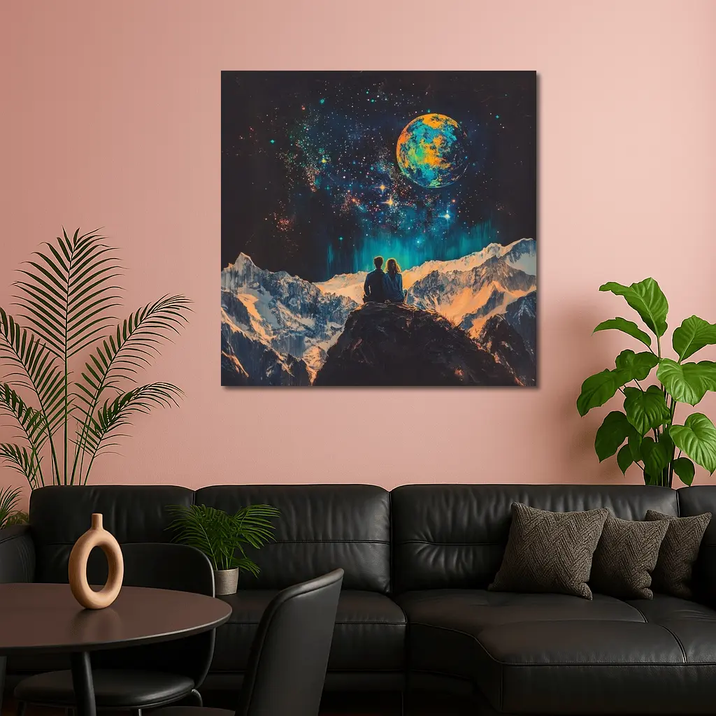 Couple Stargazing Giant Planet Mountain Night – Wall Art