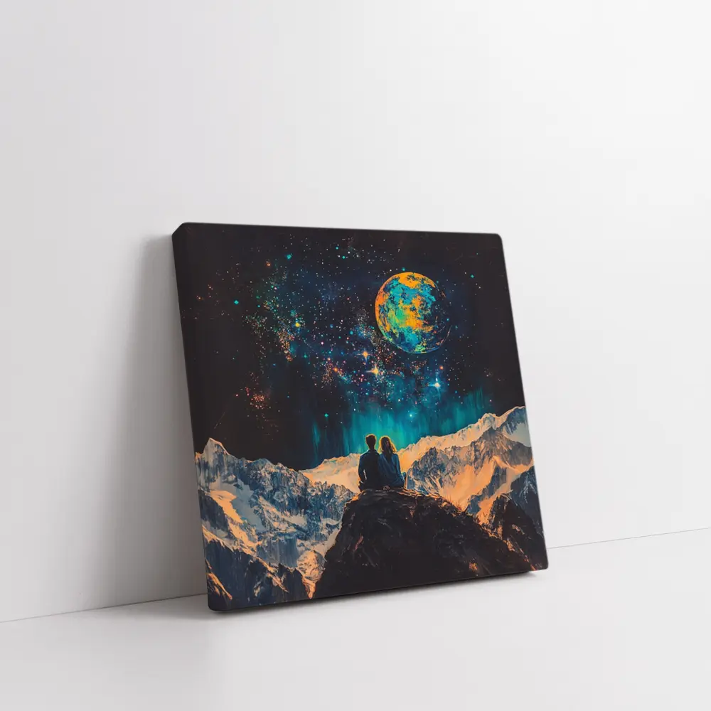 Couple Stargazing Giant Planet Mountain Night – Wall Art