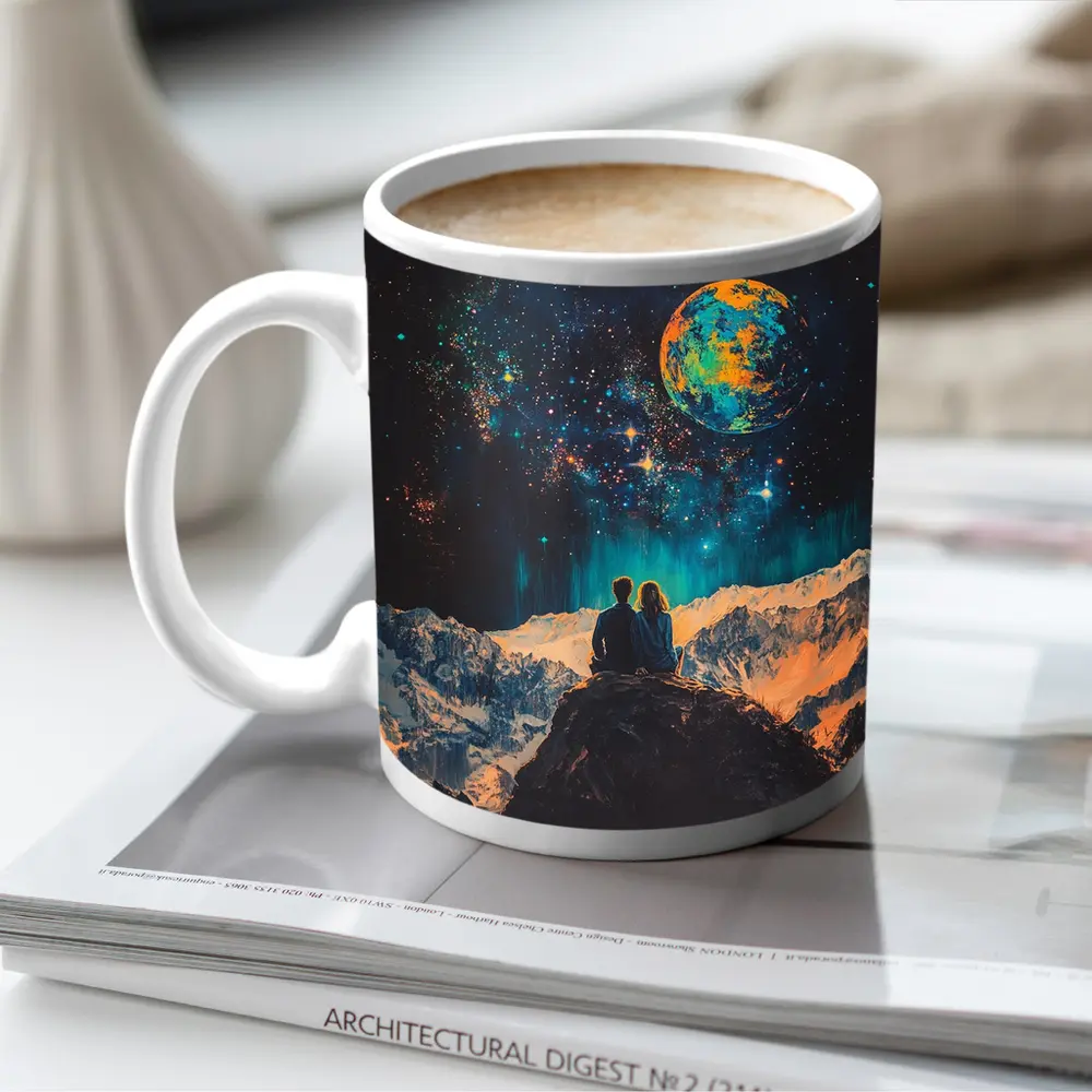 Couple Stargazing Giant Planet Mountain Night – Mugs