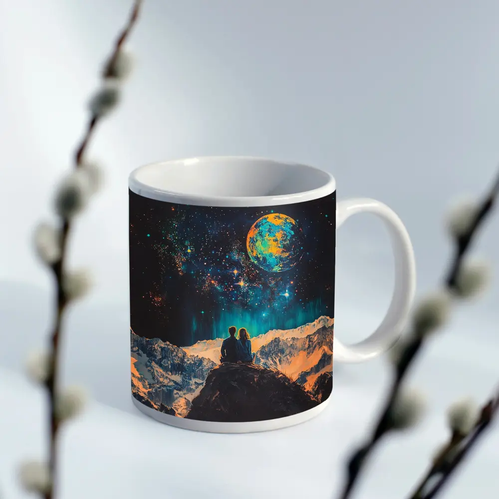 Couple Stargazing Giant Planet Mountain Night – Mugs