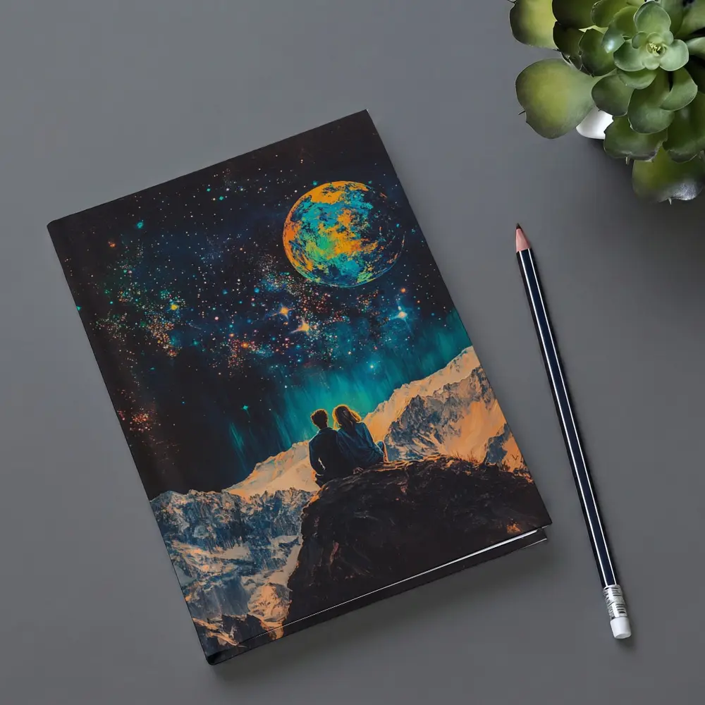 Couple Stargazing Giant Planet Mountain Night – Notebooks