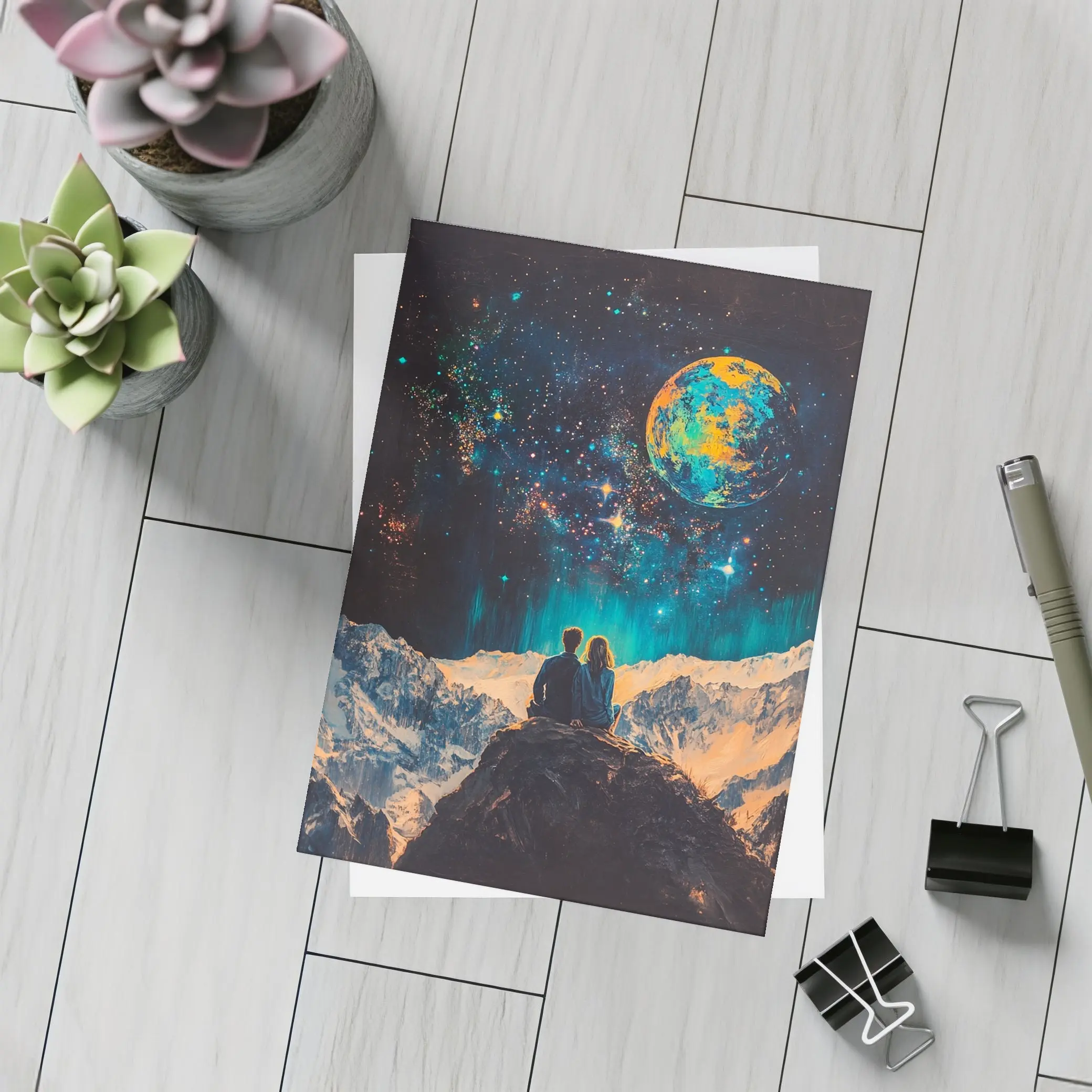 Couple Stargazing Giant Planet Mountain Night – Postcards