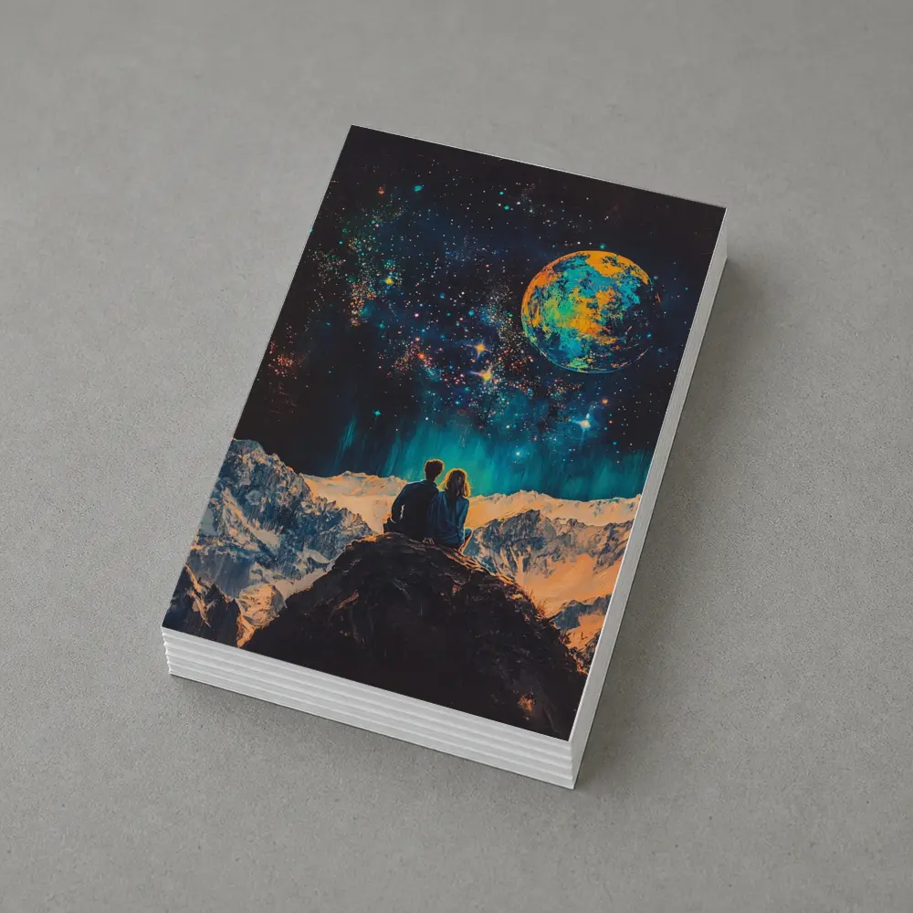 Couple Stargazing Giant Planet Mountain Night – Postcards