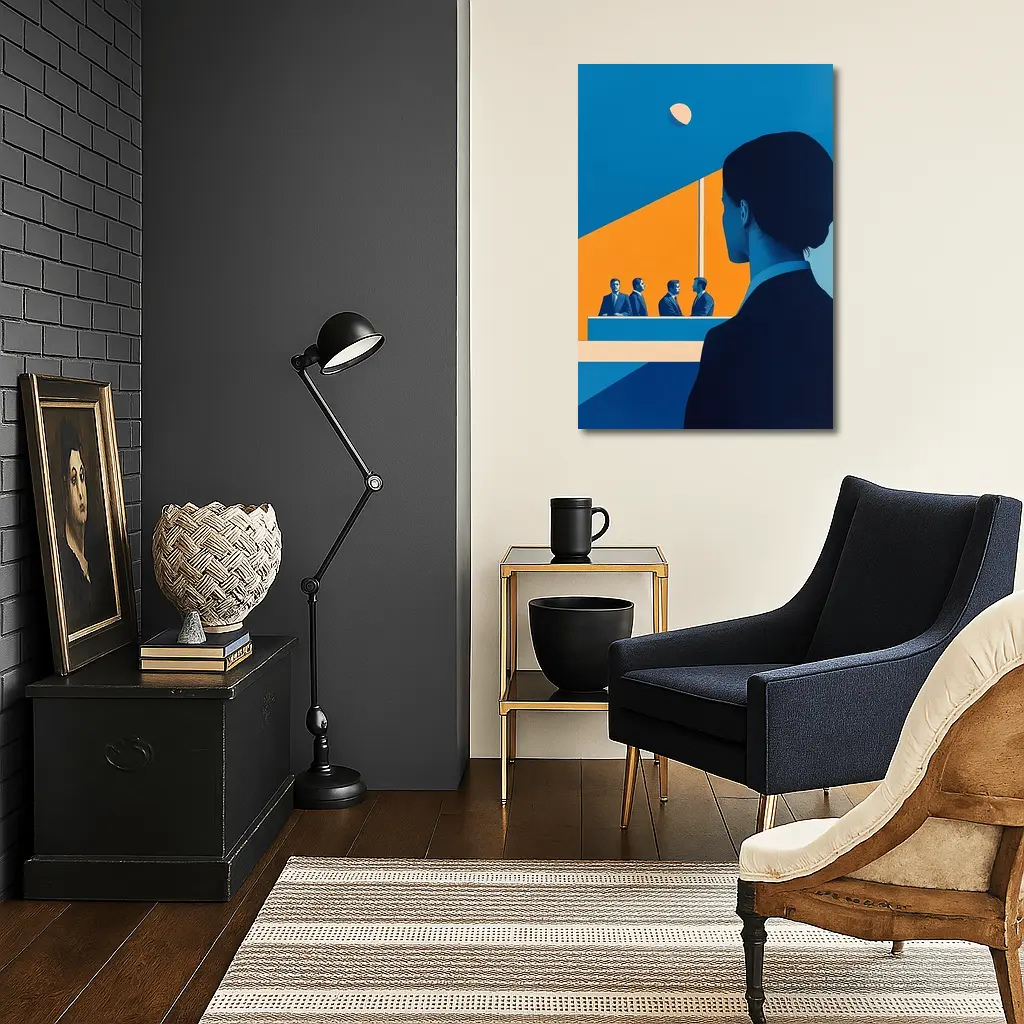 Woman Observing Business Meeting Blue Orange – Wall Art
