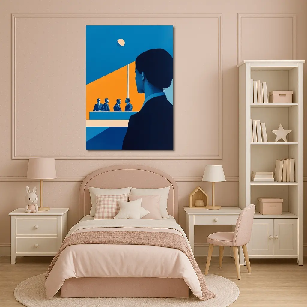 Woman Observing Business Meeting Blue Orange – Wall Art
